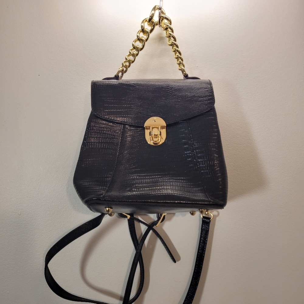 Divina Firenze Black Gold Leather Convertible Top Handle Backpack Crossbody Bag